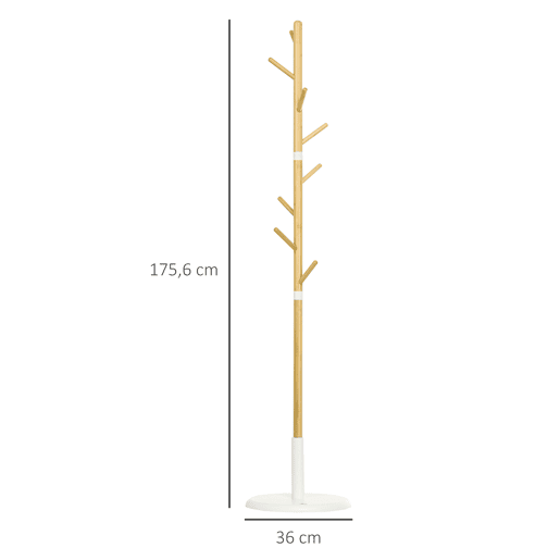 HOMCOM Cabide de Pé de Bambu Cabide de Pé Moderno com 8 Ganchos para Roupas Bolsas Cabide em Forma de Árvore para Entrada Dormitório Ø37,8x175,6 cm Madeira e Branco
