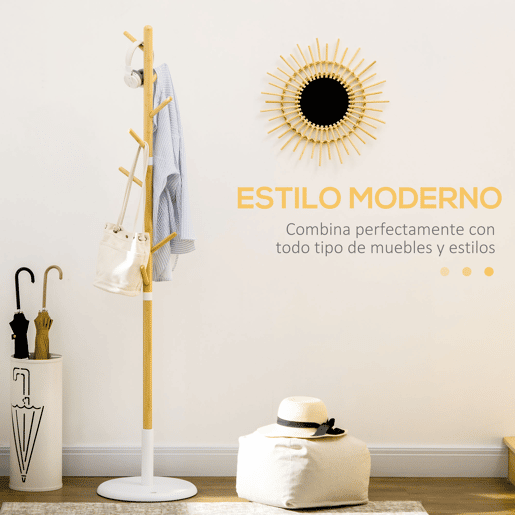 HOMCOM Cabide de Pé de Bambu Cabide de Pé Moderno com 8 Ganchos para Roupas Bolsas Cabide em Forma de Árvore para Entrada Dormitório Ø37,8x175,6 cm Madeira e Branco