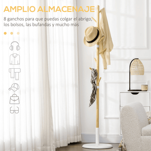 HOMCOM Cabide de Pé de Bambu Cabide de Pé Moderno com 8 Ganchos para Roupas Bolsas Cabide em Forma de Árvore para Entrada Dormitório Ø37,8x175,6 cm Madeira e Branco