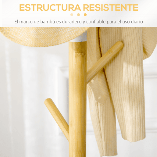 HOMCOM Cabide de Pé de Bambu Cabide de Pé Moderno com 8 Ganchos para Roupas Bolsas Cabide em Forma de Árvore para Entrada Dormitório Ø37,8x175,6 cm Madeira e Branco