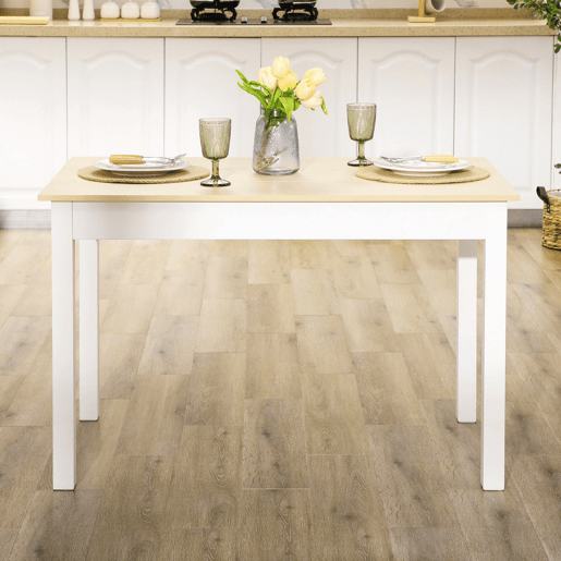 HOMCOM Mesa de jantar em madeira Mesa de cozinha rectangular para 4-6 pessoas Estilo moderno para sala de estar Carga 50 kg 119x70x75 cm Carvalho e branco HOMCOM Mesa de jantar em madeira Mesa de cozinha rectangular para 4-6 pessoas Estilo moderno para sala de estar Carga 50 kg 119x70x75 cm Carvalho e branco