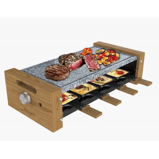 Cecotec Máquina de raclette para 8 pessoas com grill de 1200 W. Com estrutura de madeira, termóstato ajustável e placas antiaderente com superfície de chapa de pedra natural. Inclui 8 panelas pequenas antiaderentes.