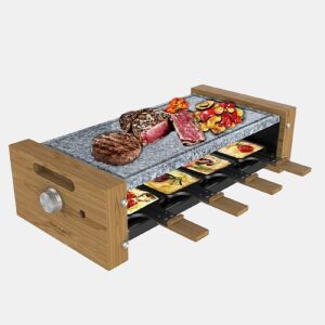 Cecotec Máquina de raclette para 8 pessoas com grill de 1200 W. Com estrutura de madeira, termóstato ajustável e placas antiaderente com superfície de chapa de pedra natural. Inclui 8 panelas pequenas antiaderentes.