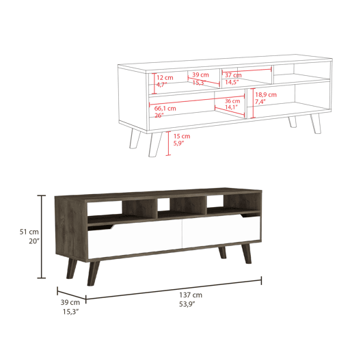 Gabinete de TV Oslo com prateleiras inferiores, 51 cm a x 39 cm p x 137 cm An, Bolsabranco