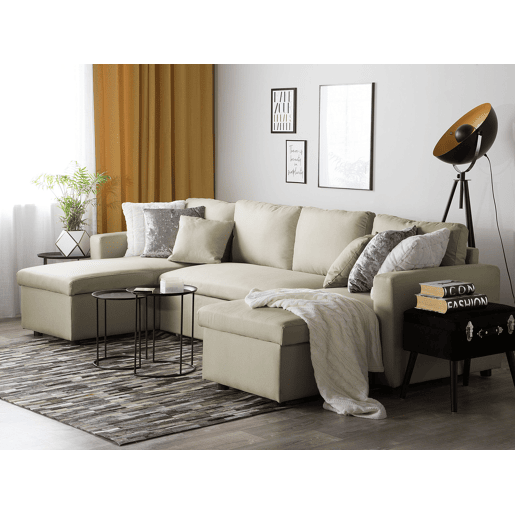 Sofá-cama em U SOMMEN Tecido Creme claro com arrumação 5 lugares Sofá-cama em U SOMMEN Tecido Creme claro com arrumação 5 lugares