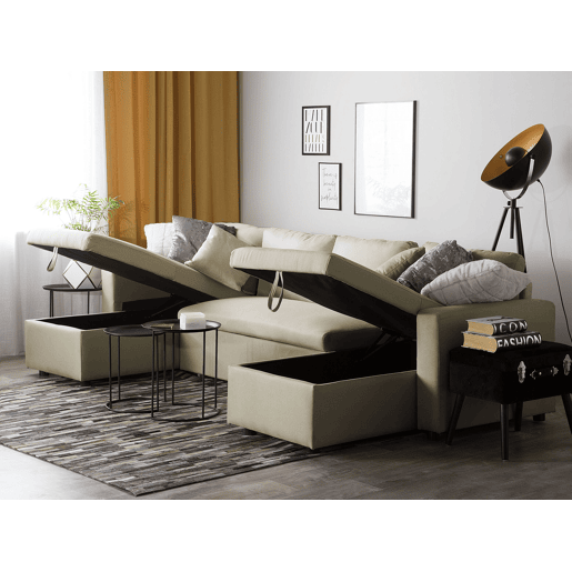 Sofá-cama em U SOMMEN Tecido Creme claro com arrumação 5 lugares Sofá-cama em U SOMMEN Tecido Creme claro com arrumação 5 lugares