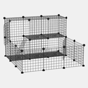 PawHut Recinto para Pequenos Animais DIY com 24 Painéis Recinto para Animais de Estimação com Grade Metálica Recinto Modular para Coelhos Chinchilas 105x105x70cm Preto