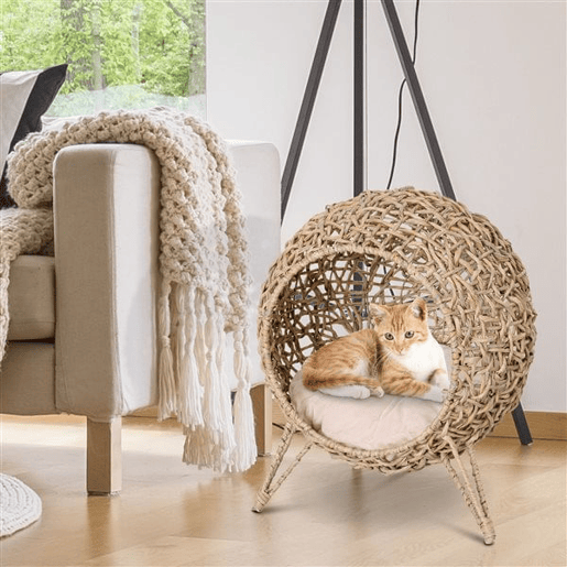 PawHut Cama para Gatos em Vime Sintético Caverna para Animais de Estimação com Base de Tripé Almofada com Pelúcia e Algodão Suave Desenho Elevado Ø52x58 cm Madeira