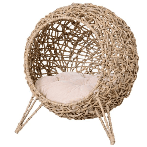 PawHut Cama para Gatos em Vime Sintético Caverna para Animais de Estimação com Base de Tripé Almofada com Pelúcia e Algodão Suave Desenho Elevado Ø52x58 cm Madeira