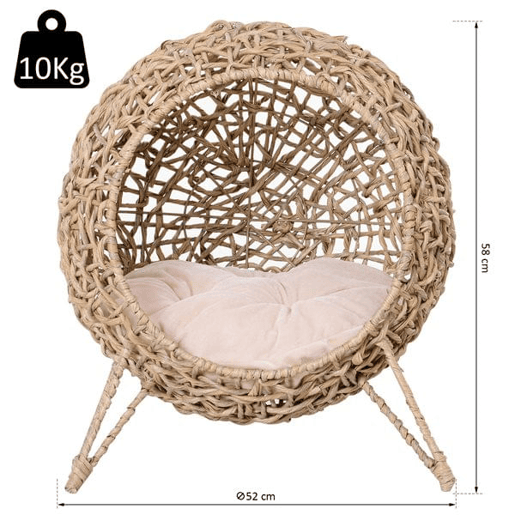 PawHut Cama para Gatos em Vime Sintético Caverna para Animais de Estimação com Base de Tripé Almofada com Pelúcia e Algodão Suave Desenho Elevado Ø52x58 cm Madeira