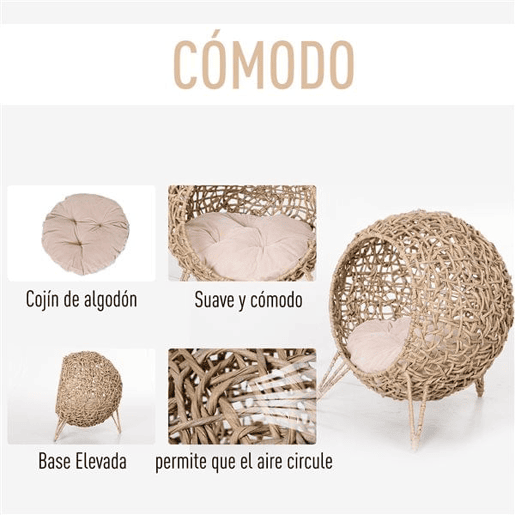PawHut Cama para Gatos em Vime Sintético Caverna para Animais de Estimação com Base de Tripé Almofada com Pelúcia e Algodão Suave Desenho Elevado Ø52x58 cm Madeira