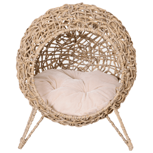 PawHut Cama para Gatos em Vime Sintético Caverna para Animais de Estimação com Base de Tripé Almofada com Pelúcia e Algodão Suave Desenho Elevado Ø52x58 cm Madeira