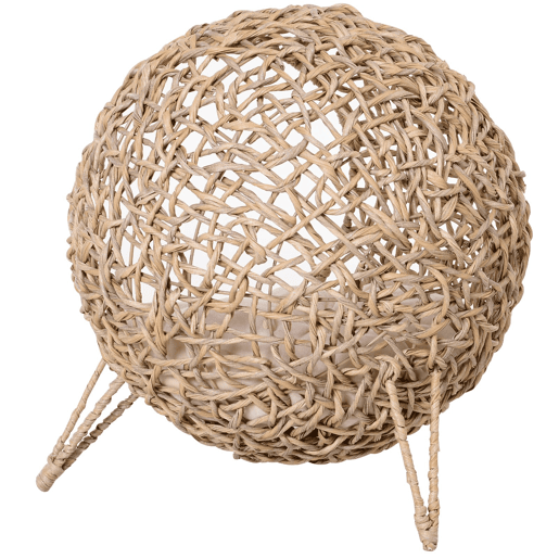 PawHut Cama para Gatos em Vime Sintético Caverna para Animais de Estimação com Base de Tripé Almofada com Pelúcia e Algodão Suave Desenho Elevado Ø52x58 cm Madeira