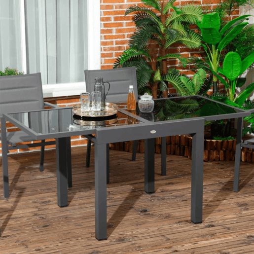 Outsunny Mesa de Jardim Extensível de Alumínio Mesa de Jantar Retangular com Bancada de Vidro Temperado Carga 50 kg para Varanda Pátio Exterior 160x80x75 cm Preto