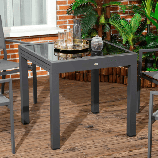 Outsunny Mesa de Jardim Extensível de Alumínio Mesa de Jantar Retangular com Bancada de Vidro Temperado Carga 50 kg para Varanda Pátio Exterior 160x80x75 cm Preto