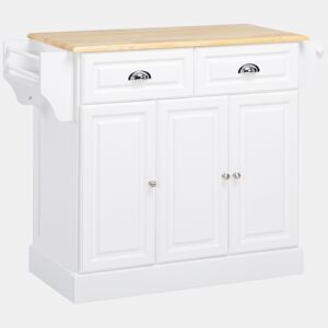 HOMCOM Carrinho de Cozinha Ilha de Cozinha com Rodas Móvel Multifuncional com 2 Gavetas 3 Armários Suporte para Panos e para Temperos para Sala de Jantar 110x45x89cm Branco