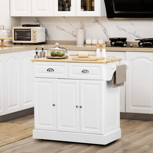 HOMCOM Carrinho de Cozinha Ilha de Cozinha com Rodas Móvel Multifuncional com 2 Gavetas 3 Armários Suporte para Panos e para Temperos para Sala de Jantar 110x45x89cm Branco
