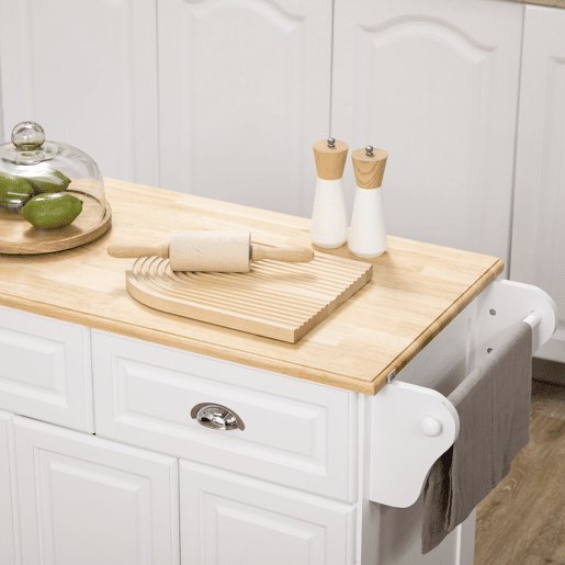 HOMCOM Carrinho de Cozinha Ilha de Cozinha com Rodas Móvel Multifuncional com 2 Gavetas 3 Armários Suporte para Panos e para Temperos para Sala de Jantar 110x45x89cm Branco