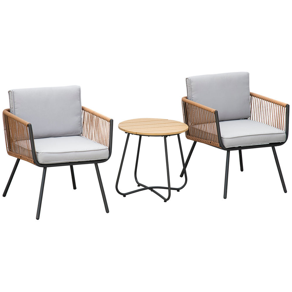 Outsunny conjunto de muebles de jardín de ratán sintético 3 piezas conjunto de mesa y 2 sillas de ratán con cojines acolchados extraíbles para balcón terraza patio teca y gris