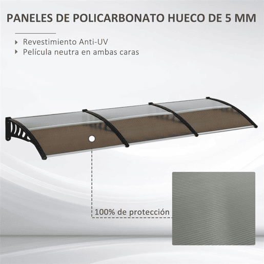 Outsunny Marquesa Exterior para Portas e Janelas, 303x96 cm, Cobertura de Proteção contra Sol e Chuva, com Painel de Policarbonato, Suportes de PP e Barra de Alumínio, Castanho