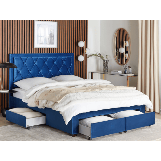 Cama com gavetas de arrumação Veludo LIEVIN 160 x 200 cm Azul marinho