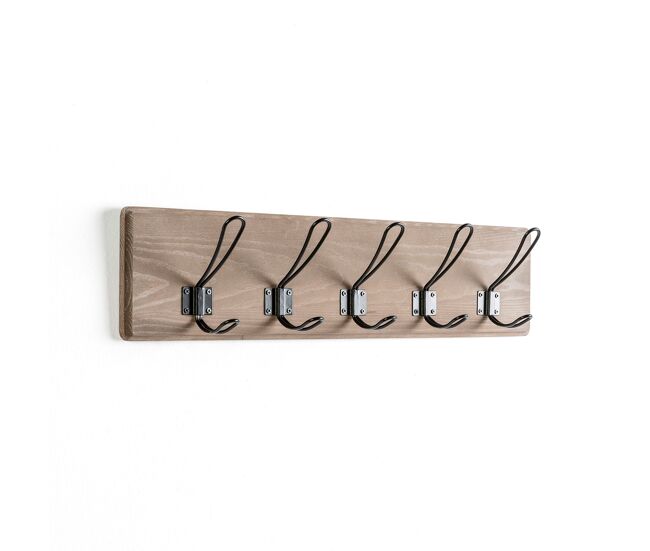 Perchero de pared xica de madera gris, 5 ganchos metal negro