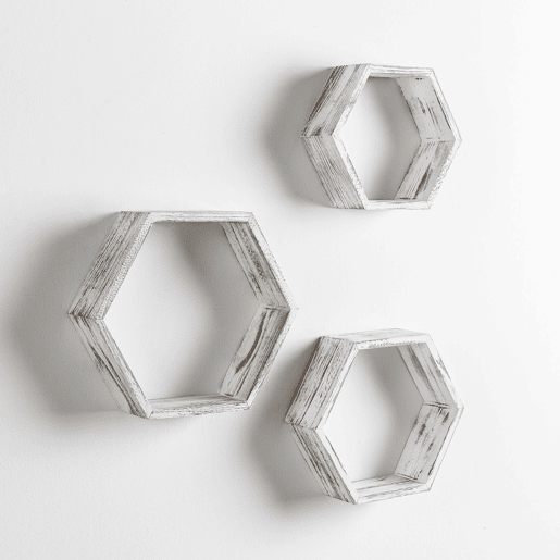 Conjunto de 3 Prateleiras de Parede Hexagonais Nuno Branco, Madeira Paulownia