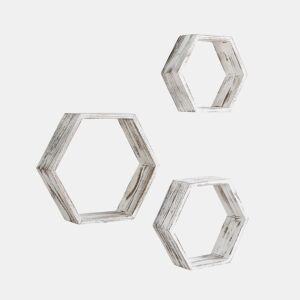 Conjunto de 3 Prateleiras de Parede Hexagonais Nuno Branco, Madeira Paulownia