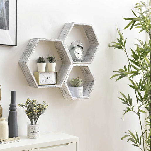 Conjunto de 3 Prateleiras de Parede Hexagonais Nuno Branco, Madeira Paulownia