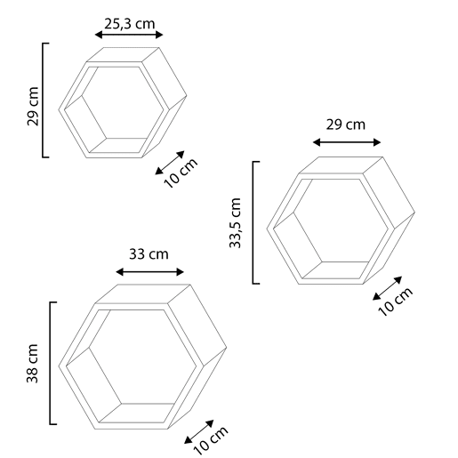 Conjunto de 3 Prateleiras de Parede Hexagonais Nuno Branco, Madeira Paulownia