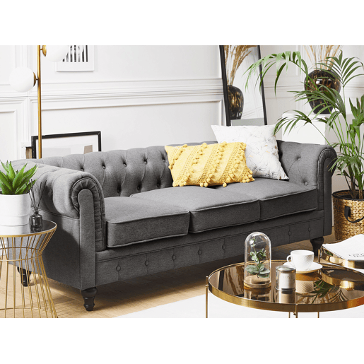Sofá CHESTERFIELD Tecido Cinzento 3 lugares Sofá CHESTERFIELD Tecido Cinzento 3 lugares