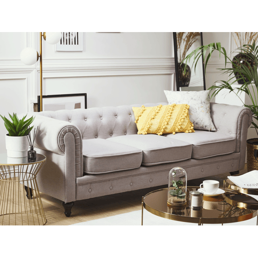 Sofá CHESTERFIELD Tecido Cinzento claro 3 lugares Sofá CHESTERFIELD Tecido Cinzento claro 3 lugares