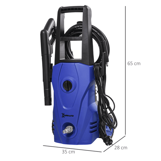DURHAND Lavadora de Alta Pressão 1600W Caudal 432 Lh Bomba de Alumínio Pressão de 135 Bar Mangueira de 6 m Inclui Garrafas de Sabão Bocal Escova 32x24x65 cm Azul