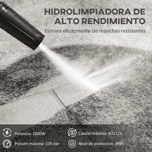 DURHAND Lavadora de Alta Pressão 1600W Caudal 432 Lh Bomba de Alumínio Pressão de 135 Bar Mangueira de 6 m Inclui Garrafas de Sabão Bocal Escova 32x24x65 cm Azul