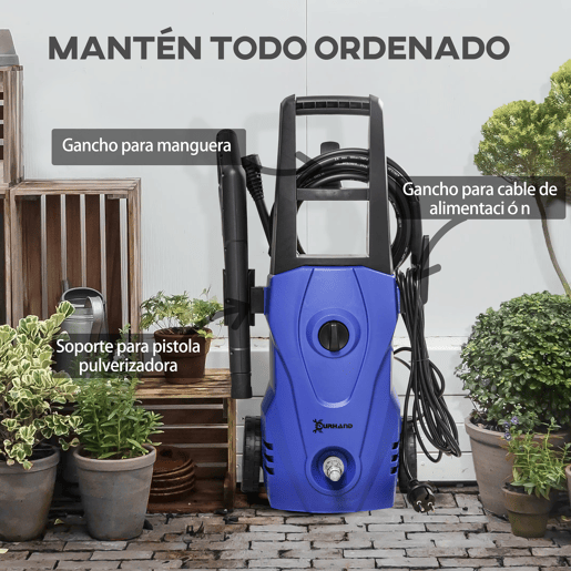 DURHAND Lavadora de Alta Pressão 1600W Caudal 432 Lh Bomba de Alumínio Pressão de 135 Bar Mangueira de 6 m Inclui Garrafas de Sabão Bocal Escova 32x24x65 cm Azul