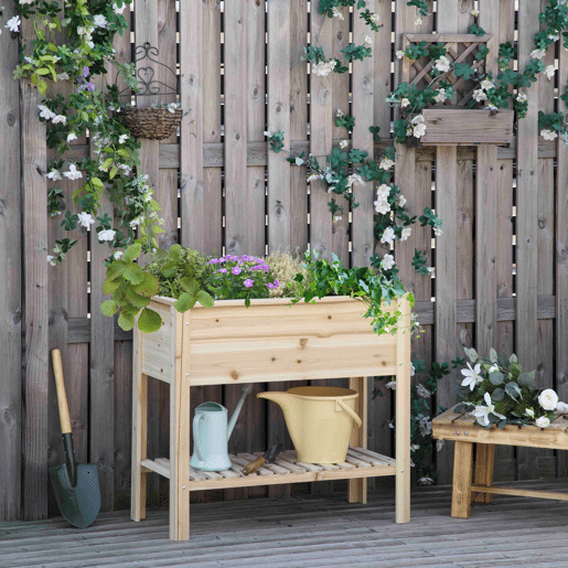 Outsunny Horta Urbana Elevada com Prateleira Mesa de Cultivo de Madeira com Tecido Não Tecido para Plantas e Flores Jardim 90x40x81 cm Natural