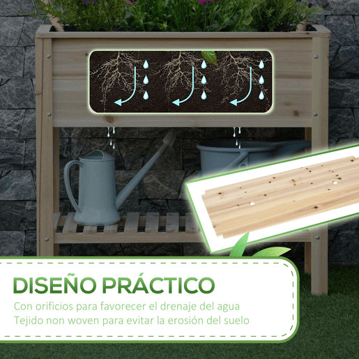 Outsunny Horta Urbana Elevada com Prateleira Mesa de Cultivo de Madeira com Tecido Não Tecido para Plantas e Flores Jardim 90x40x81 cm Natural