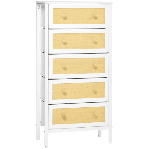 HOMCOM Cómoda de Dormitório Cómoda Estilo Bohemio com 5 Gavetas de Tecido Dobráveis Superfície de Vime PE e Estrutura de Aço para Entrada Sala de Estar Corredor 62x30x126,5 cm Branco e Bege