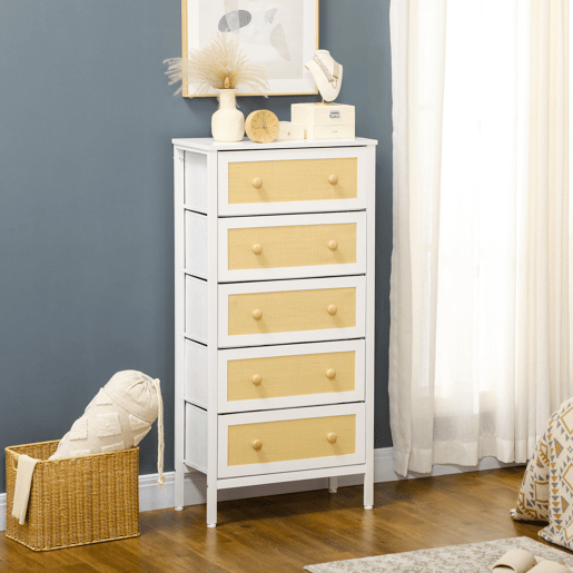 HOMCOM Cómoda de Dormitório Cómoda Estilo Bohemio com 5 Gavetas de Tecido Dobráveis Superfície de Vime PE e Estrutura de Aço para Entrada Sala de Estar Corredor 62x30x126,5 cm Branco e Bege