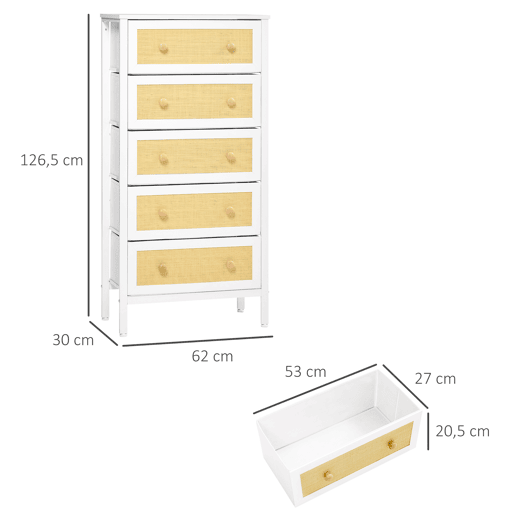 HOMCOM Cómoda de Dormitório Cómoda Estilo Bohemio com 5 Gavetas de Tecido Dobráveis Superfície de Vime PE e Estrutura de Aço para Entrada Sala de Estar Corredor 62x30x126,5 cm Branco e Bege