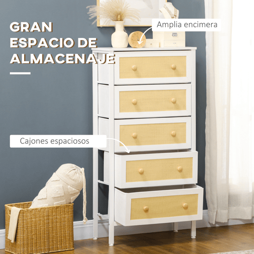 HOMCOM Cómoda de Dormitório Cómoda Estilo Bohemio com 5 Gavetas de Tecido Dobráveis Superfície de Vime PE e Estrutura de Aço para Entrada Sala de Estar Corredor 62x30x126,5 cm Branco e Bege