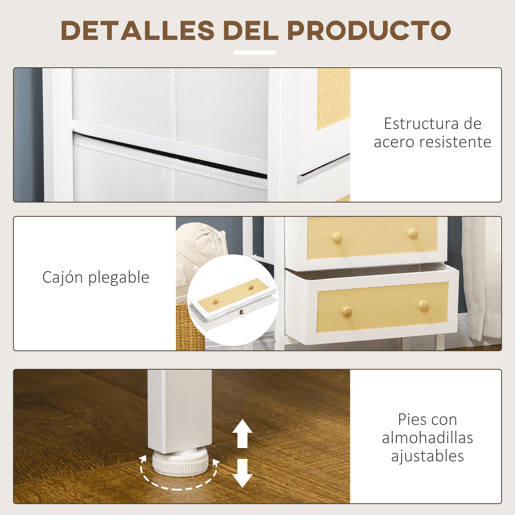 HOMCOM Cómoda de Dormitório Cómoda Estilo Bohemio com 5 Gavetas de Tecido Dobráveis Superfície de Vime PE e Estrutura de Aço para Entrada Sala de Estar Corredor 62x30x126,5 cm Branco e Bege