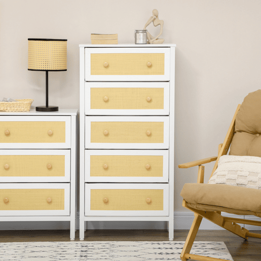 HOMCOM Cómoda de Dormitório Cómoda Estilo Bohemio com 5 Gavetas de Tecido Dobráveis Superfície de Vime PE e Estrutura de Aço para Entrada Sala de Estar Corredor 62x30x126,5 cm Branco e Bege