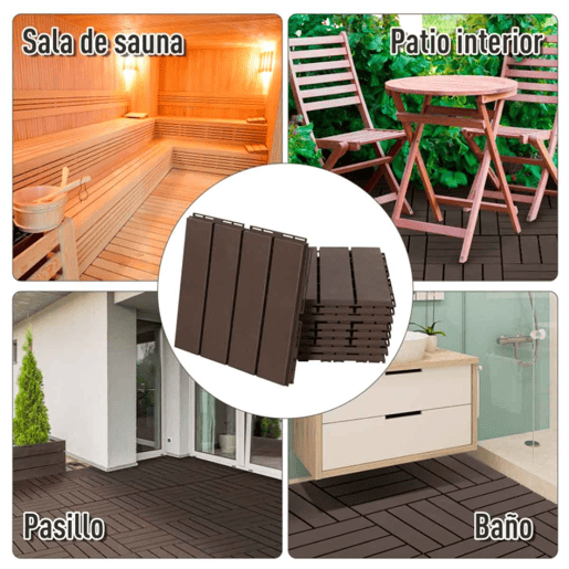 Outsunny Conjunto de 9 Estrados 30x30cm com Área de 0.81 m² para Exterior e Interior Estrados com Sistema Click com Superfície Antiderrapante para Balcão Terraço Jardim Marrom