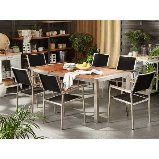 Conjunto de refeições de jardim 6 lugares GROSSETO Madeira de eucalipto CastanhoPreto