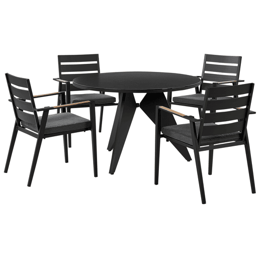 Conjunto de refeições de jardim 4 lugares OLMETTOTAVIANO com almofadas Metal Preto Conjunto de refeições de jardim 4 lugares OLMETTOTAVIANO com almofadas Metal Preto