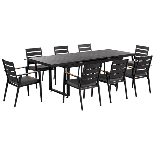 Conjunto de refeições de jardim 8 lugares VALCANETTOTAVIANO com almofadas Metal Preto Conjunto de refeições de jardim 8 lugares VALCANETTOTAVIANO com almofadas Metal Preto