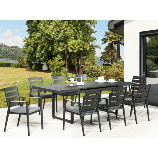 Conjunto de refeições de jardim 8 lugares VALCANETTOTAVIANO com almofadas Metal Preto Conjunto de refeições de jardim 8 lugares VALCANETTOTAVIANO com almofadas Metal Preto
