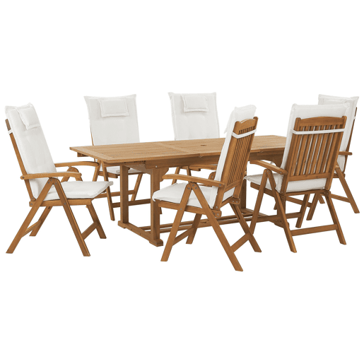 Conjunto de refeições de jardim 6 lugares JAVA com almofadas Madeira de acácia Branco creme