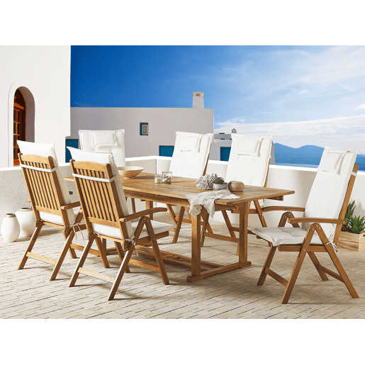 Conjunto de refeições de jardim 6 lugares JAVA com almofadas Madeira de acácia Branco creme